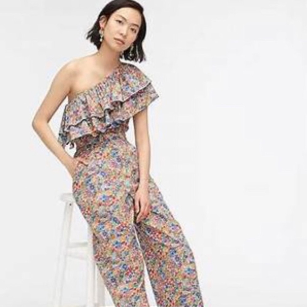JCREW ONE SHOULDER EXAGGERATED RUFFLE JUMPSUIT IN LIBERTY PRINT SZ 2. NWT